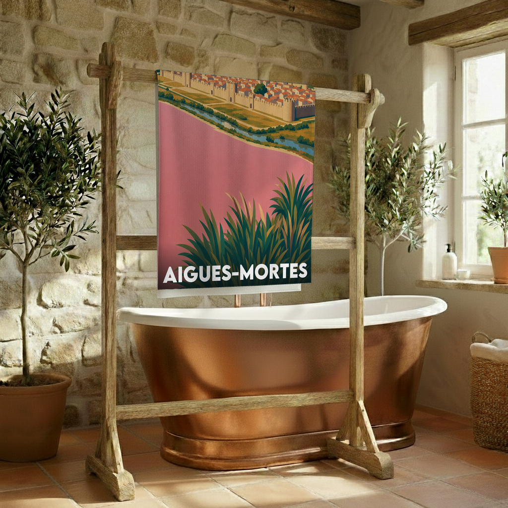 Serviette de bain souvenir de la ville de Aigues-Mortes avec une illustration stylisée.