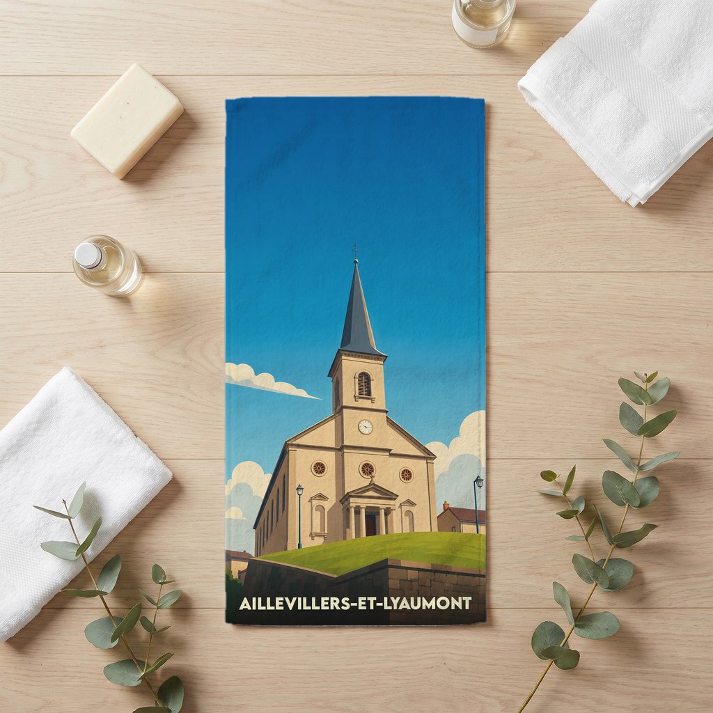 Serviette de bain souvenir de la ville de Aillevillers-et-Lyaumont avec une illustration stylisée de son église.