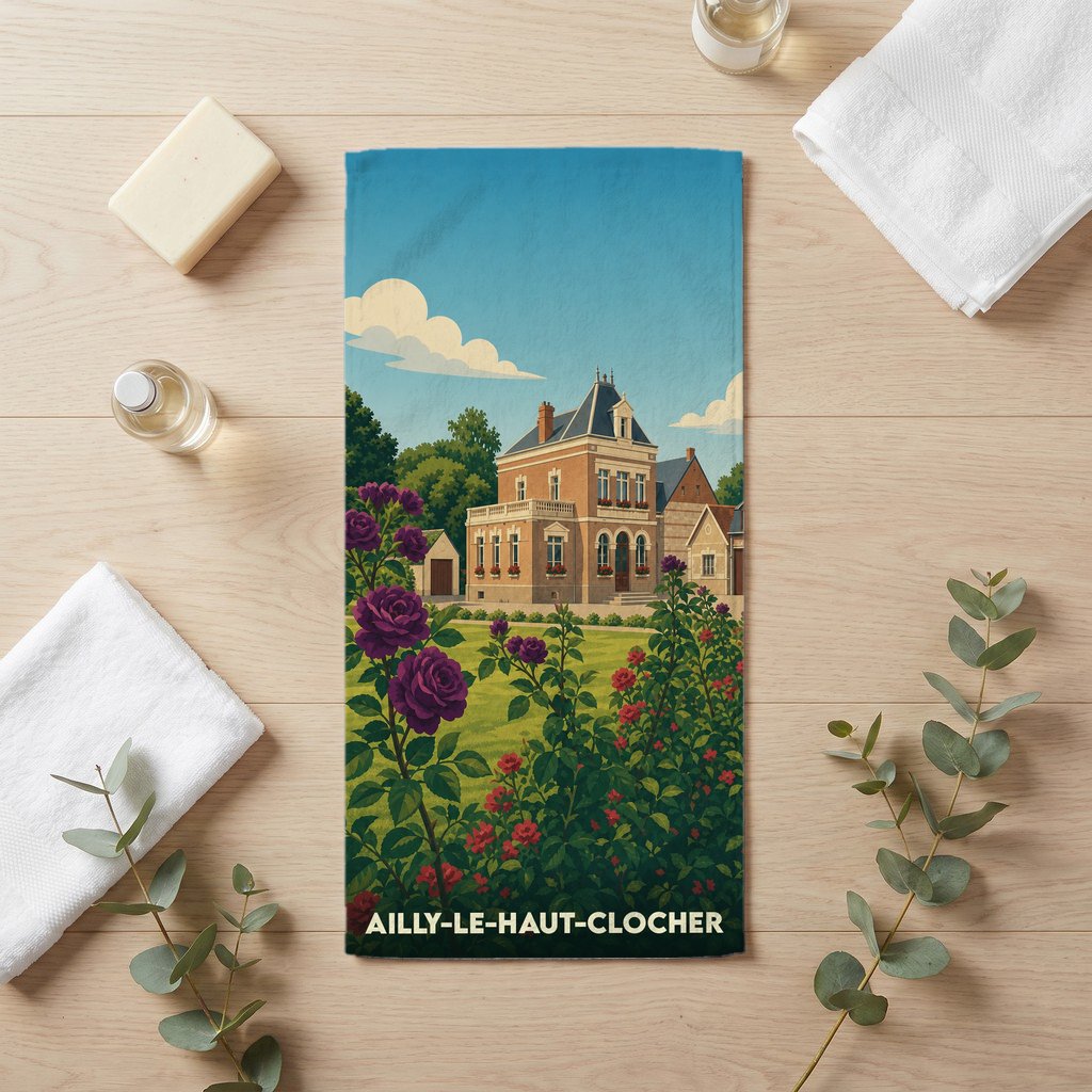 Serviette de bain souvenir de la ville de Ailly-le-Haut-Clocher avec une illustration de maison bourgeoise et jardin fleuri.