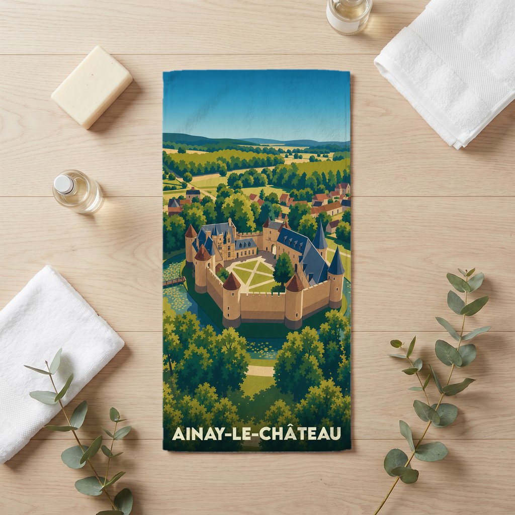 Serviette de bain souvenir de la ville d'Ainay-le-Château avec une illustration stylisée de son château médiéval.