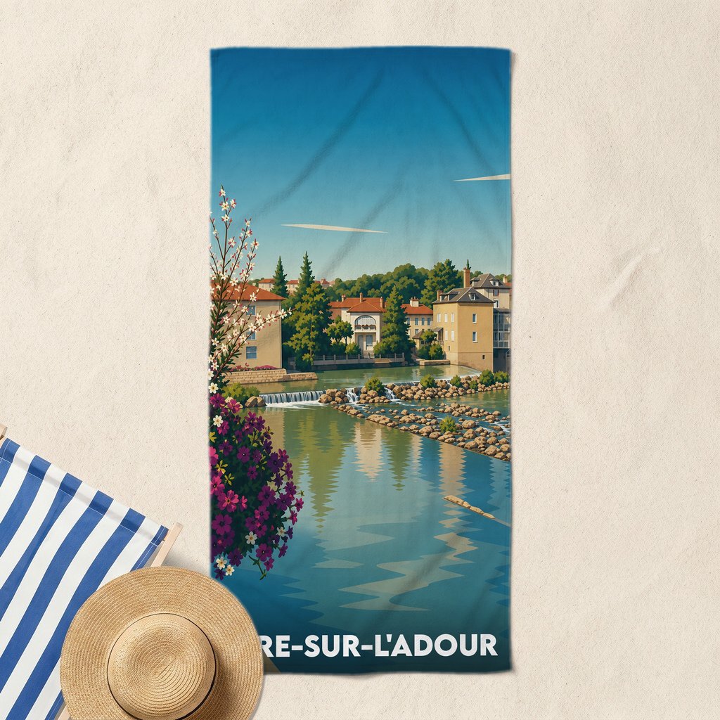Serviette de bain souvenir de la ville d'Aire-sur-l'Adour avec une illustration stylisée des berges du fleuve.