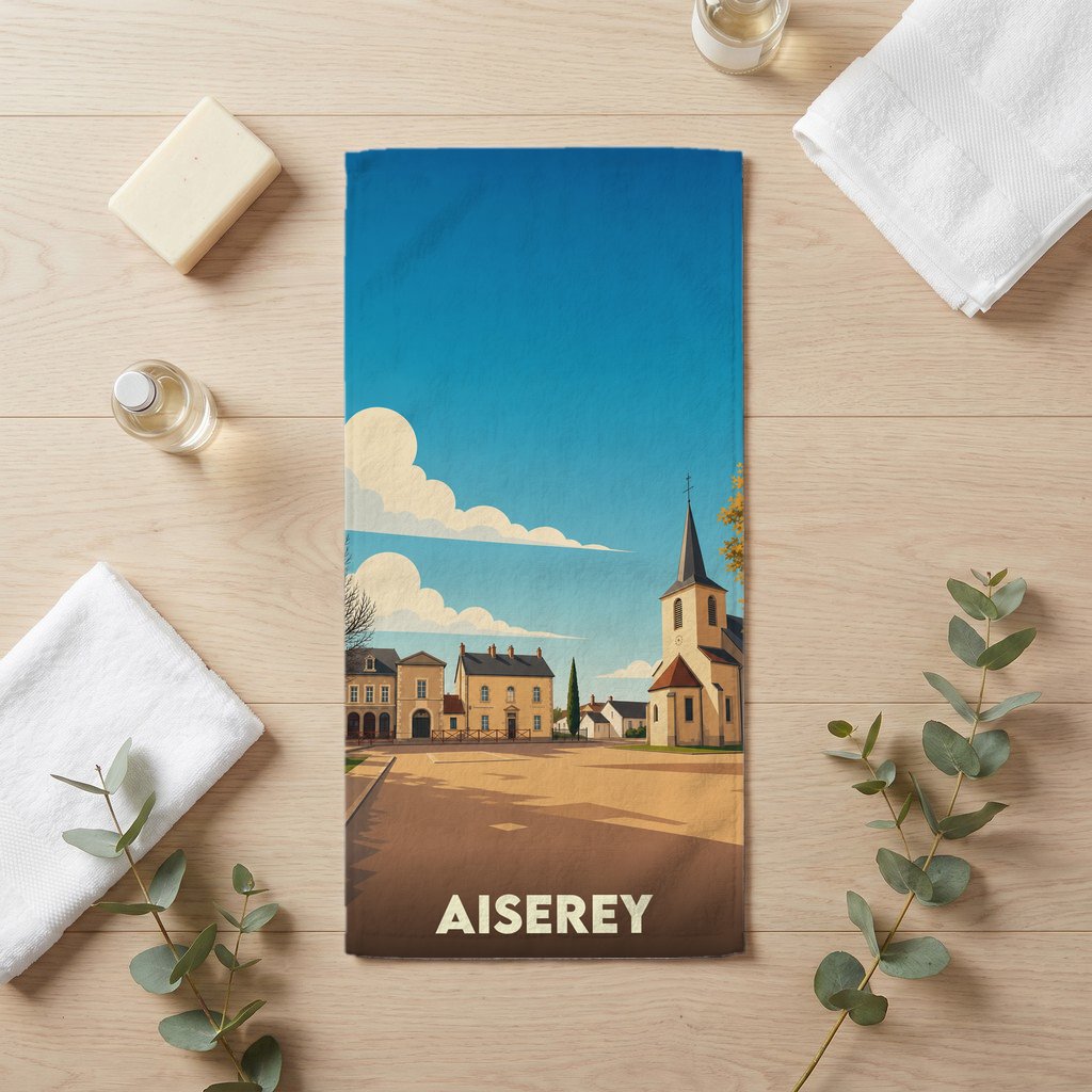 Serviette de bain souvenir de la ville d'Aiserey avec une illustration stylisée d'une place de village et de son église.