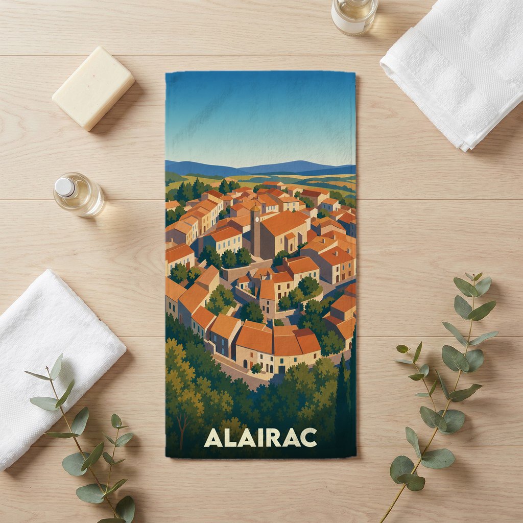 Serviette de bain souvenir de la ville d'Alairac avec une illustration stylisée d'un village circulaire niché dans les collines.