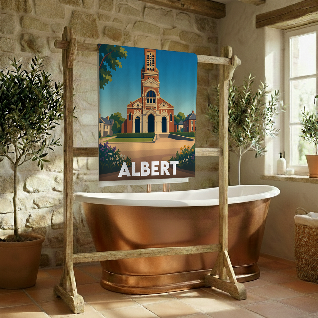 Serviette de bain souvenir de la ville d'Albert avec une illustration stylisée de sa basilique.