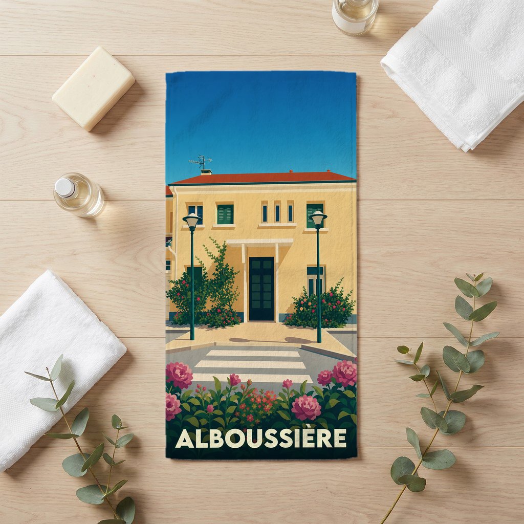 Serviette de bain souvenir de la ville d'Alboussière avec une illustration stylisée d'un bâtiment provençal.