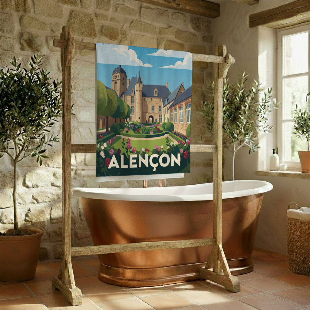 Serviette de bain souvenir de la ville d'Alençon avec une illustration stylisée.