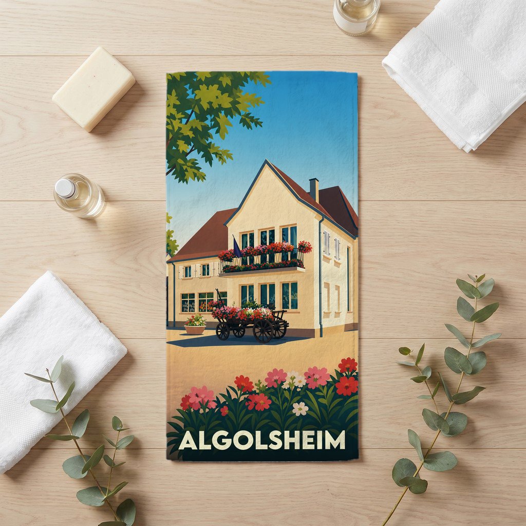 Serviette de bain souvenir de la ville d'Algolsheim avec une illustration stylisée d'une maison fleurie alsacienne.