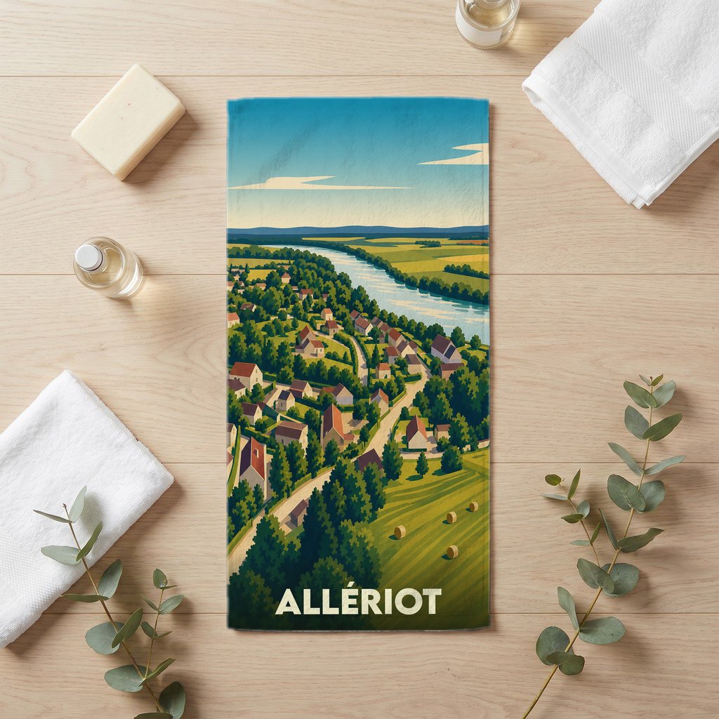 Serviette de bain souvenir de la ville d'Allériot ornée d'une illustration paysagère stylisée.