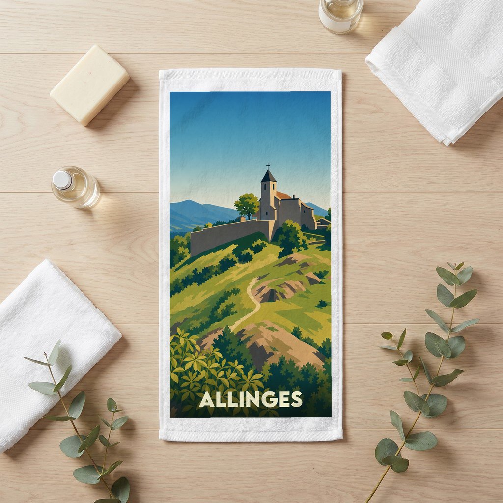 Serviette de bain souvenir de la ville de Allinges avec une illustration stylisée.