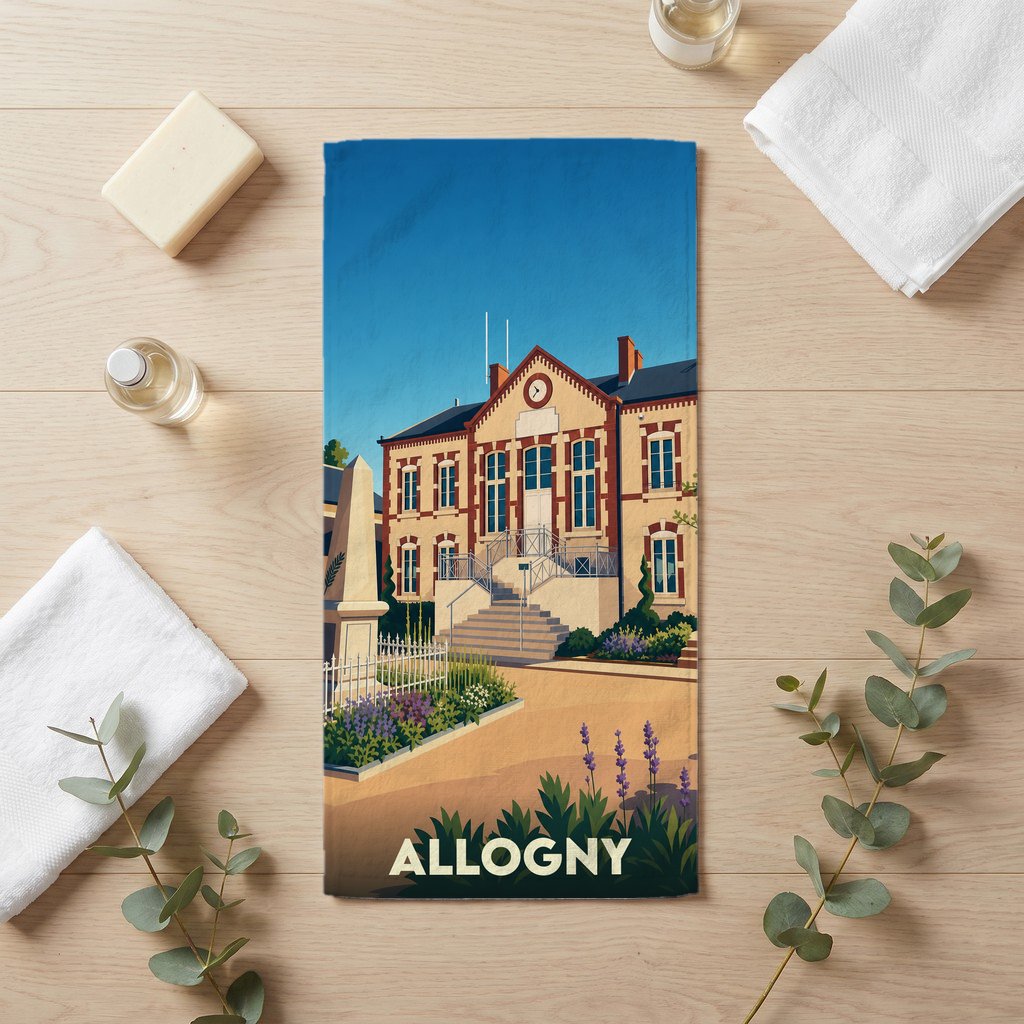 Serviette de bain souvenir de la ville d'Allogny avec une illustration stylisée de son hôtel de ville.