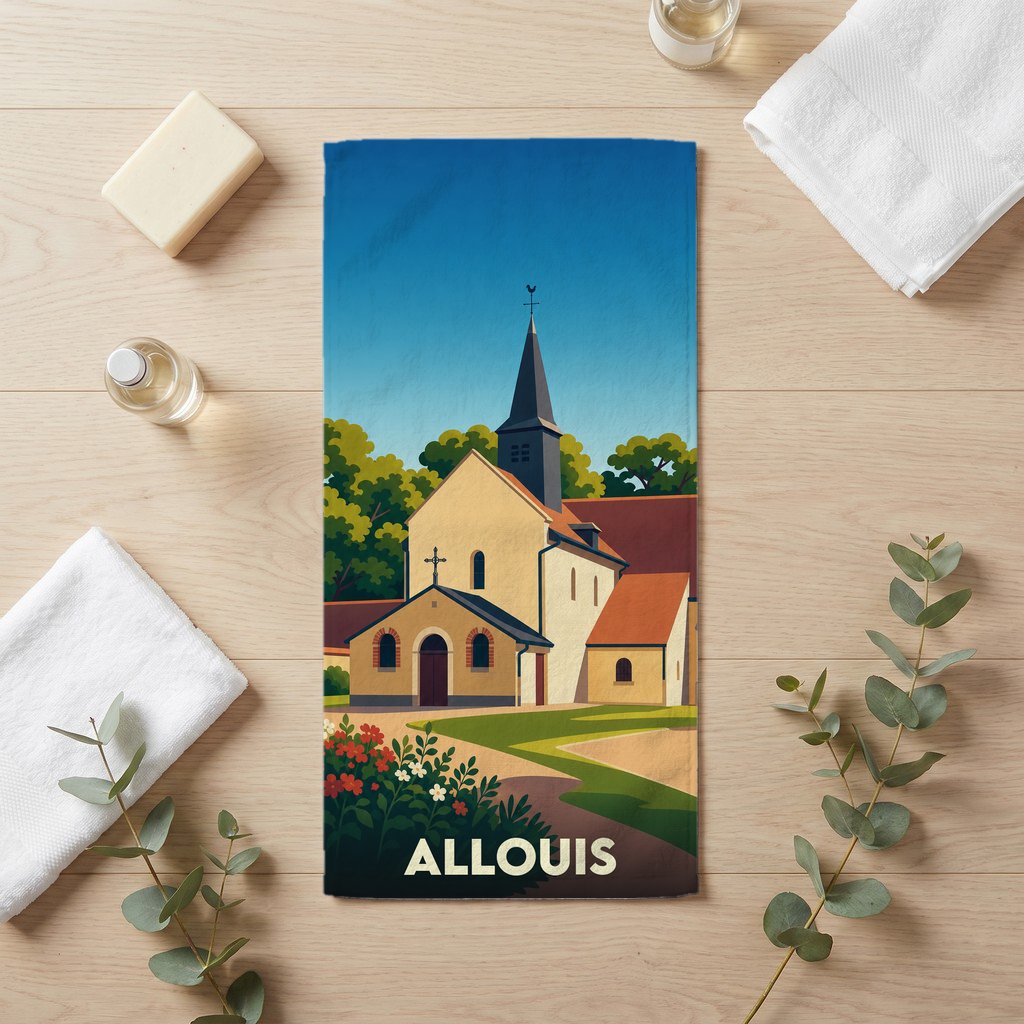 Serviette de bain souvenir de la ville d'Allouis avec une illustration stylisée de son église.