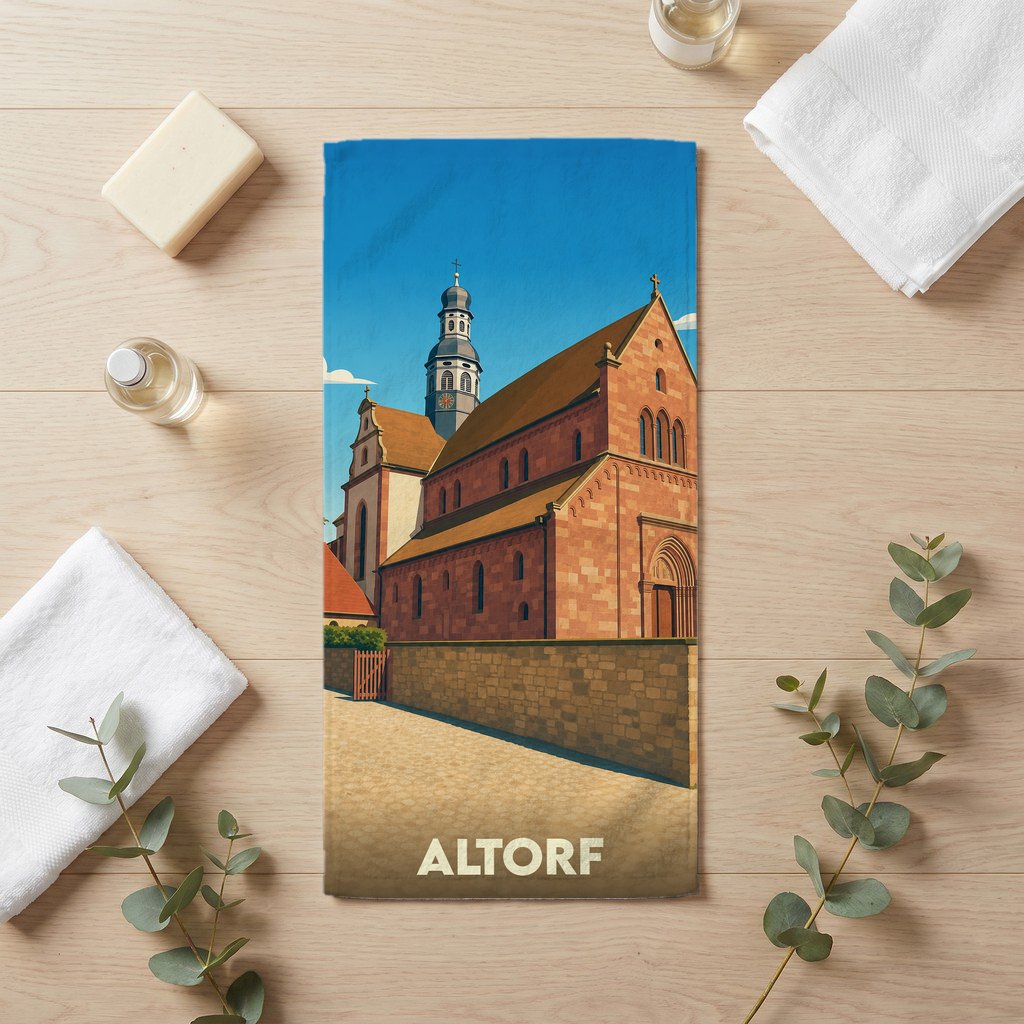 Serviette de bain souvenir de la ville d'Altorf avec une illustration stylisée de son église.