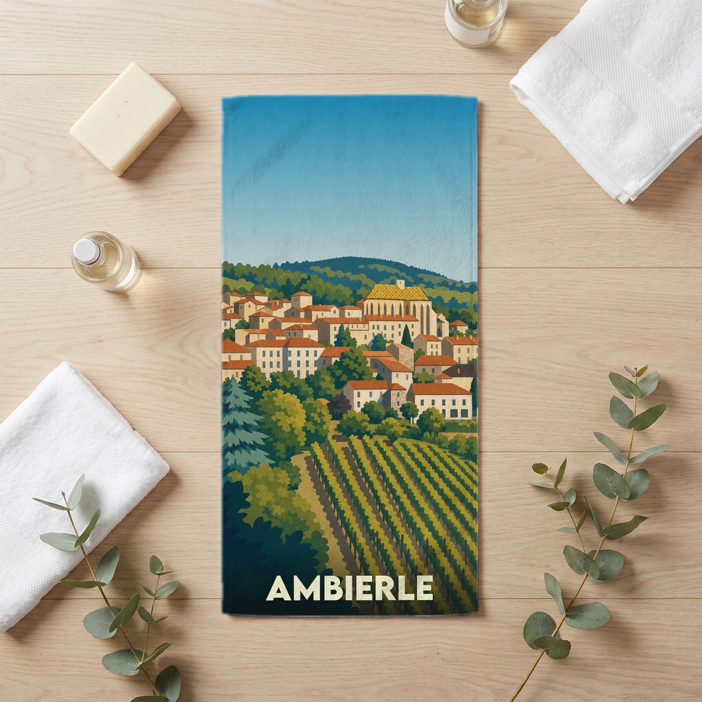 Serviette de bain souvenir de la ville d'Ambierle avec une illustration stylisée de son paysage et de ses vignobles.
