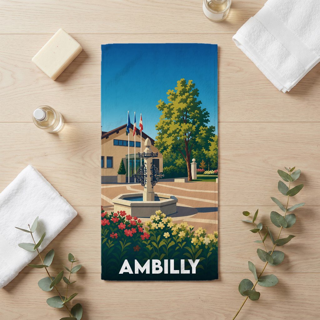 Serviette de bain souvenir de la ville de Ambilly avec une illustration stylisée d'une fontaine et de l'hôtel de ville.