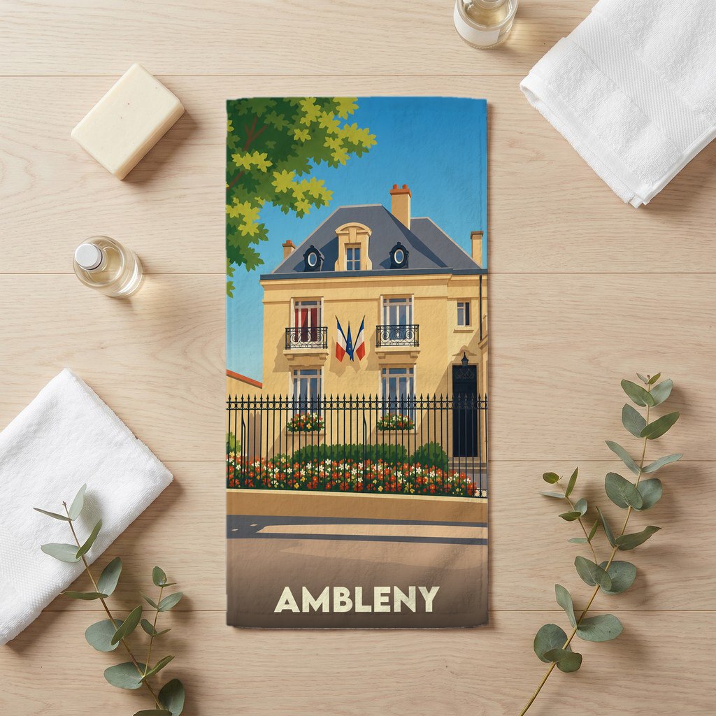 Serviette de bain souvenir de la ville d'Ambleny avec une illustration stylisée de sa mairie.