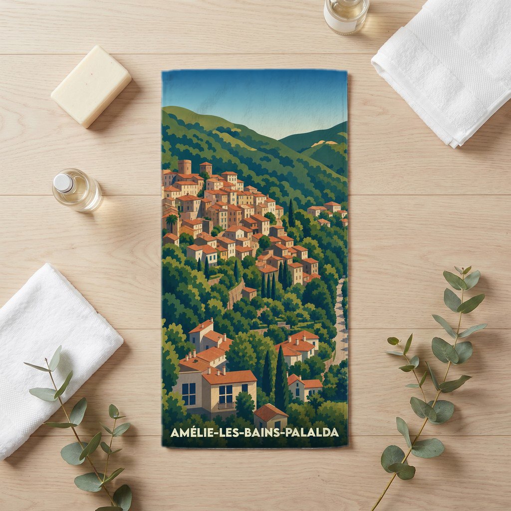 Serviette de bain souvenir de la ville de Amélie-les-Bains-Palalda avec une illustration stylisée d'un village méditerranéen.