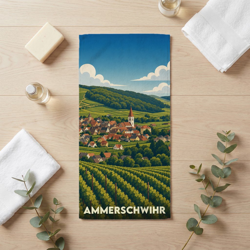 Serviette de bain souvenir de la ville d'Ammerschwihr avec une illustration stylisée de son paysage viticole.
