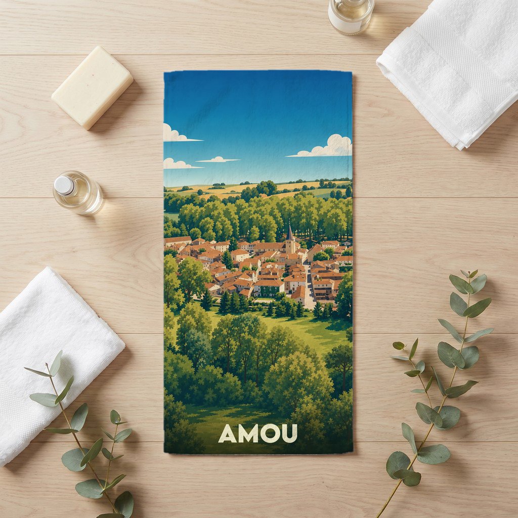 Serviette de bain souvenir de la ville d'Amou avec une illustration stylisée de ses paysages.