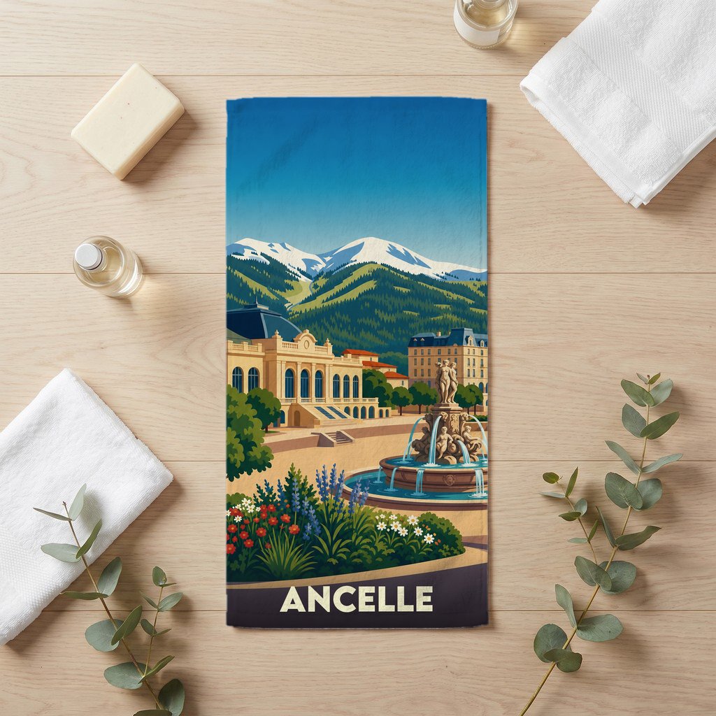 Serviette de bain souvenir de la ville d'Ancelle avec une illustration stylisée de montagne et d'architecture.