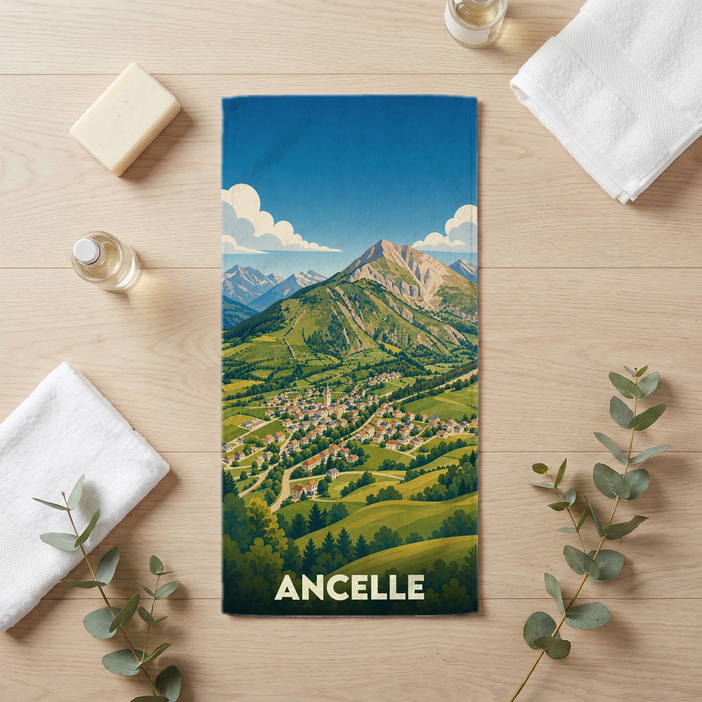 Serviette de bain souvenir de la ville d'Ancelle avec une illustration de paysage montagneux.