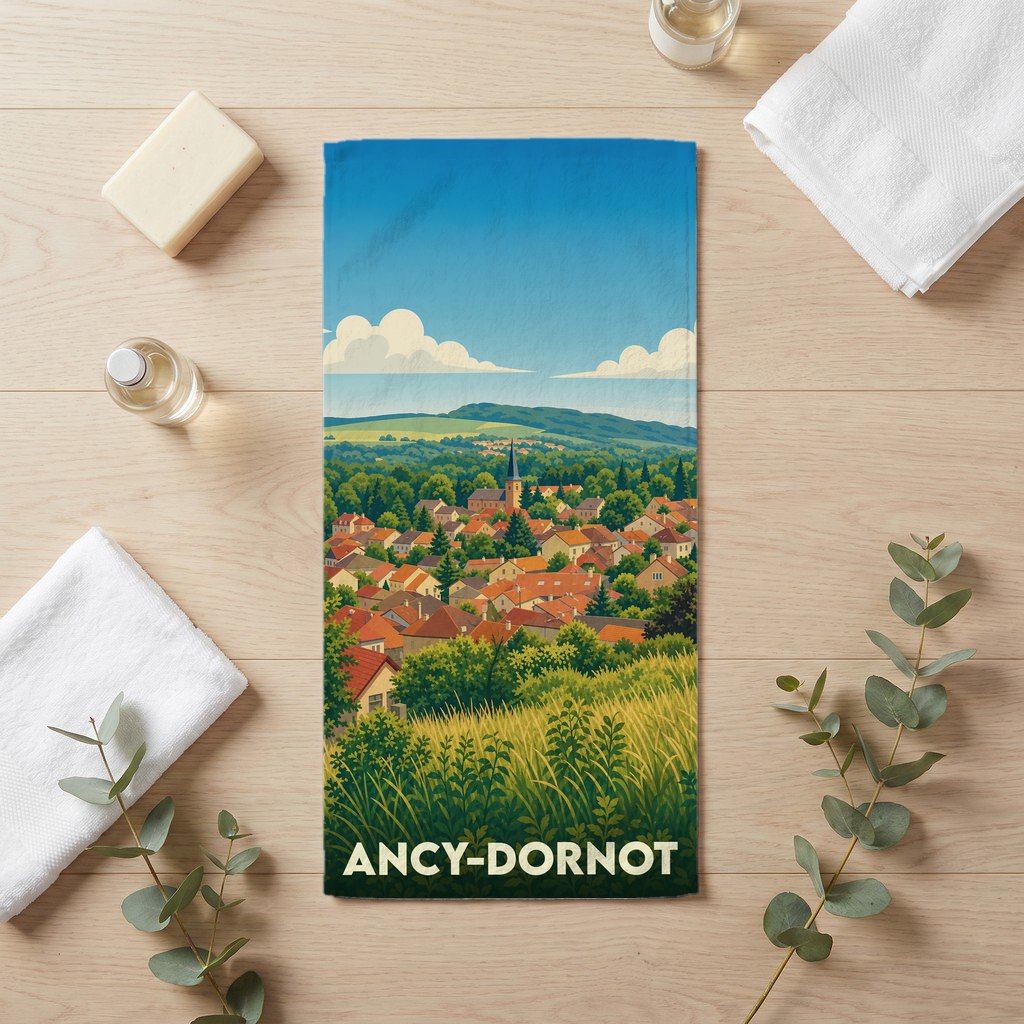 Serviette de bain souvenir de la ville d'Ancy-Dornot avec une illustration de paysage colorée.