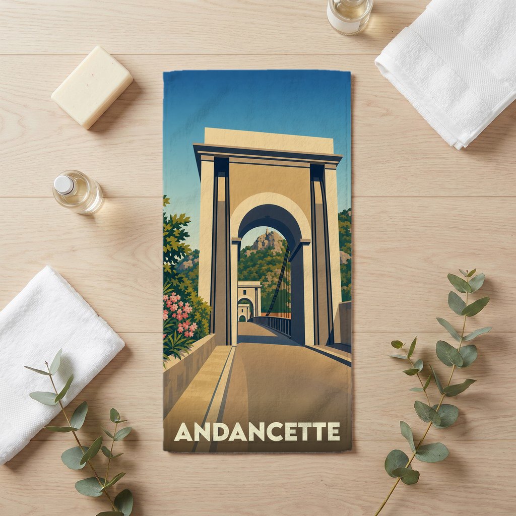 Serviette de bain souvenir de la ville d'Andancette avec une illustration stylisée d'un pont suspendu.