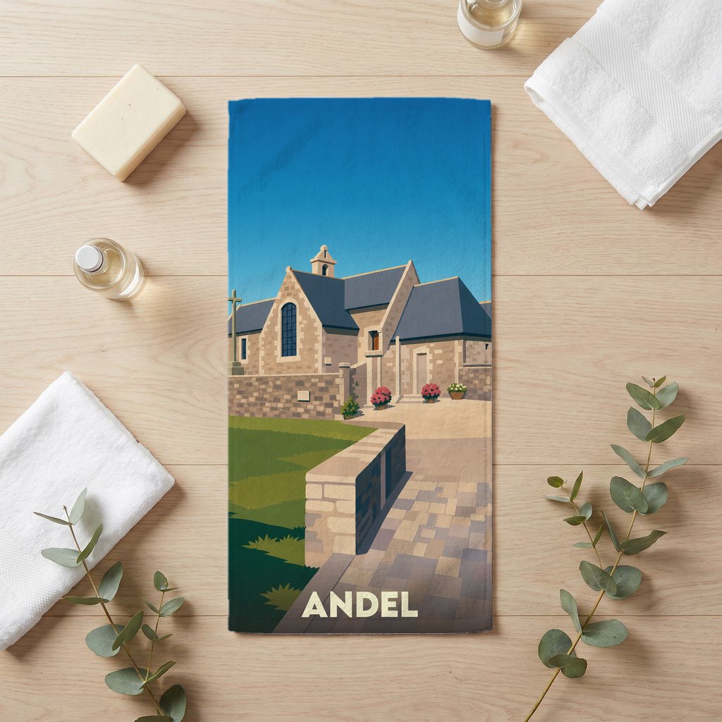 Serviette de bain souvenir de la ville de Andel avec une illustration stylisée.