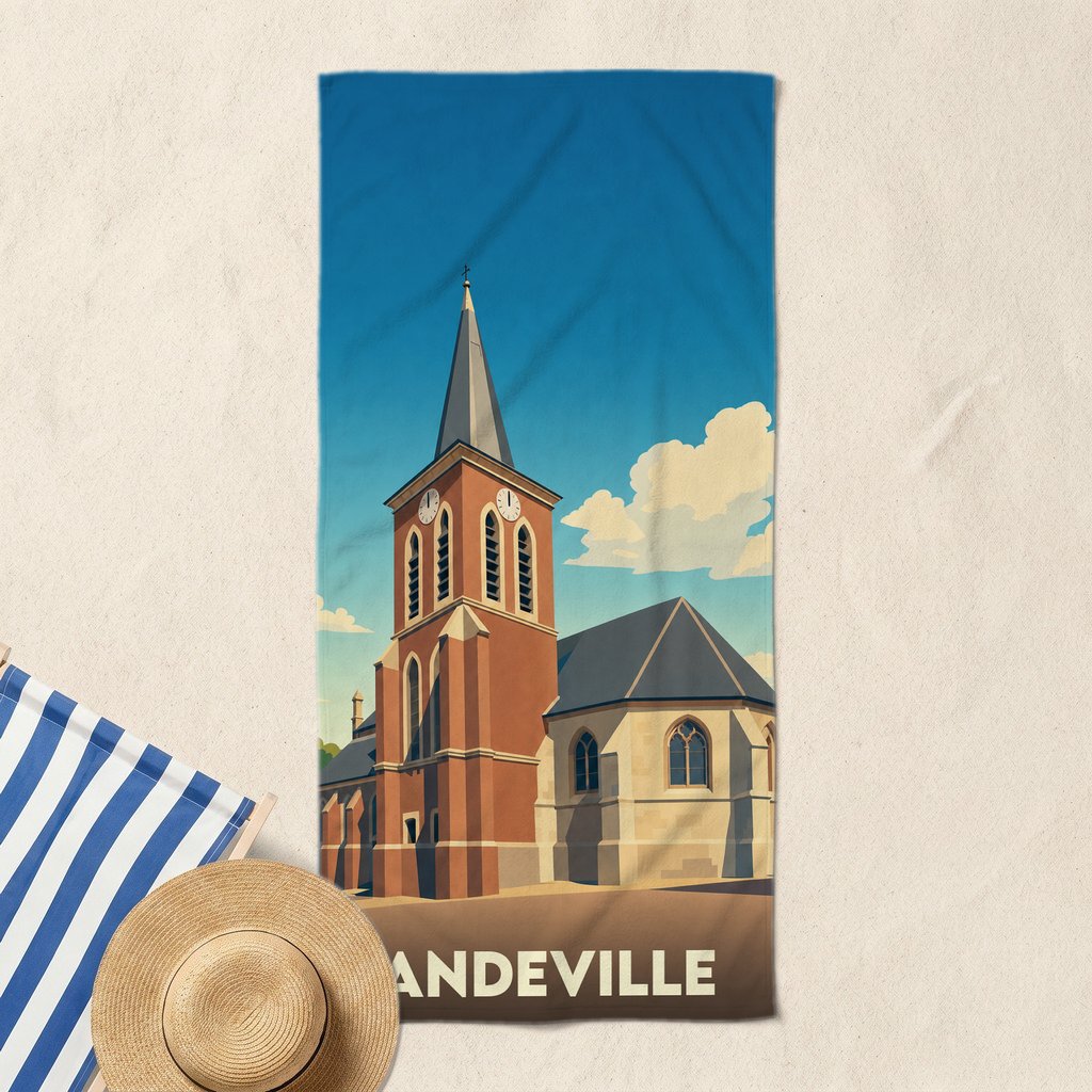 Serviette de bain souvenir de la ville d'Andeville illustrée d'une église de style rétro sur fond de ciel bleu.