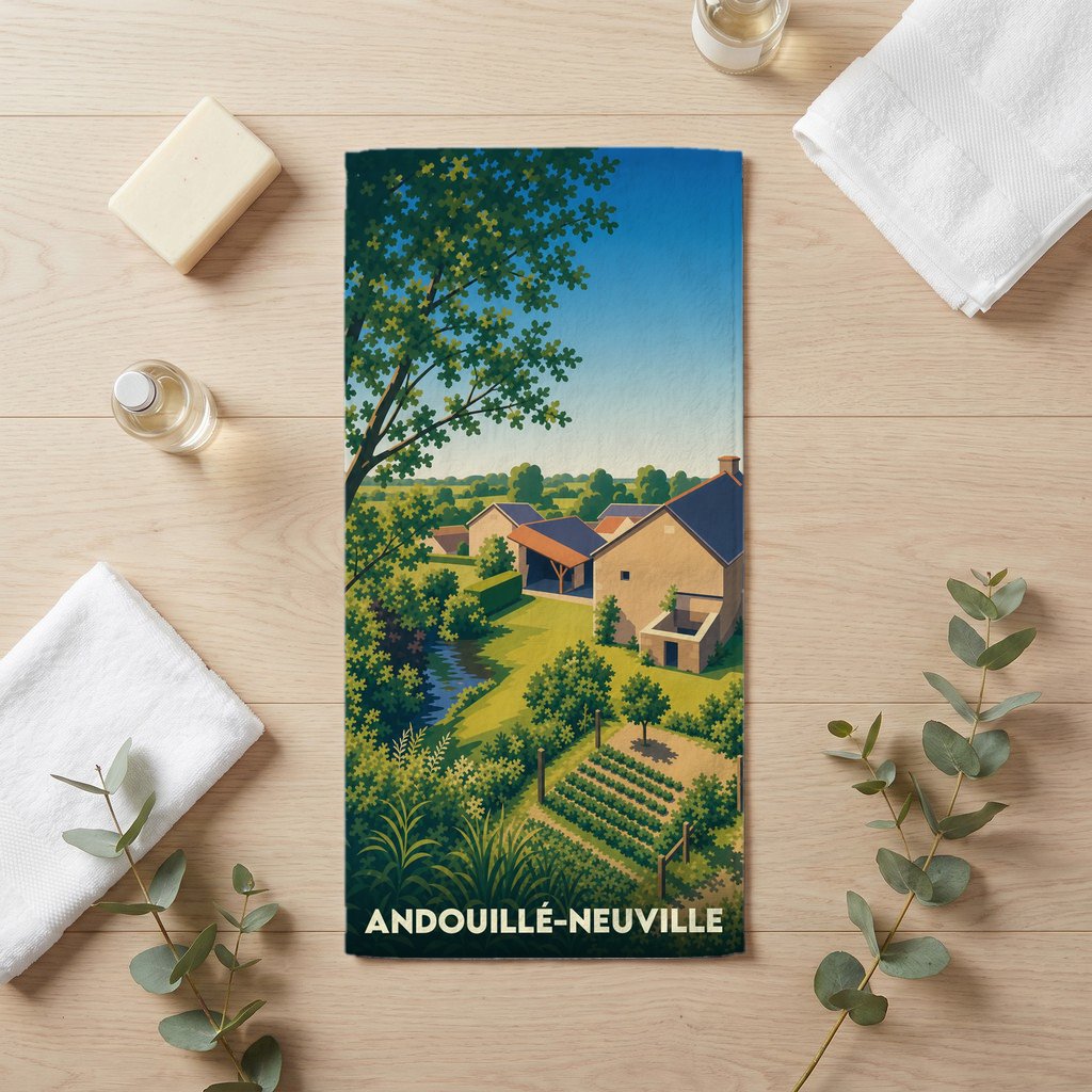 Serviette de bain souvenir de la ville d'Andouillé-Neuville avec une illustration stylisée de son paysage rural.