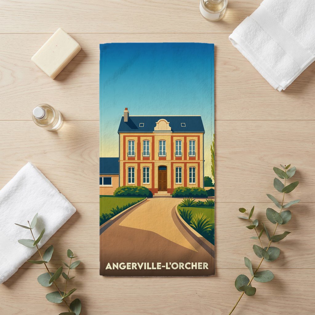 Serviette de bain souvenir de la ville d'Angerville-l'Orcher avec une illustration stylisée d'une maison de maître.