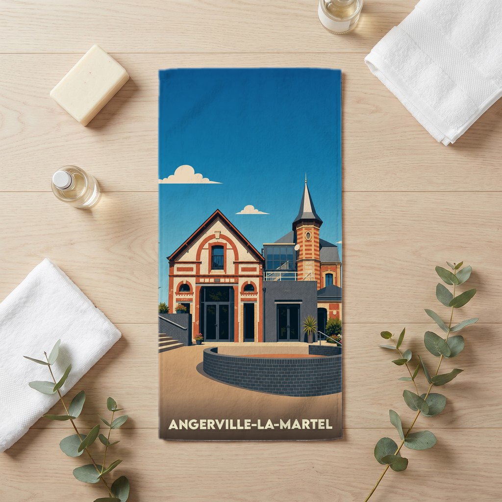 Serviette de bain souvenir de la ville de Angerville-la-Martel avec une illustration stylisée d'un bâtiment remarquable.