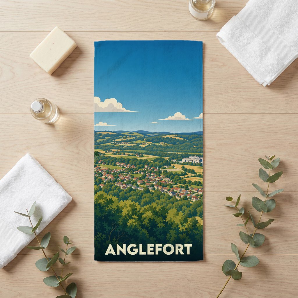 Serviette de bain souvenir de la ville d'Anglefort avec une illustration stylisée de son paysage vallonné.