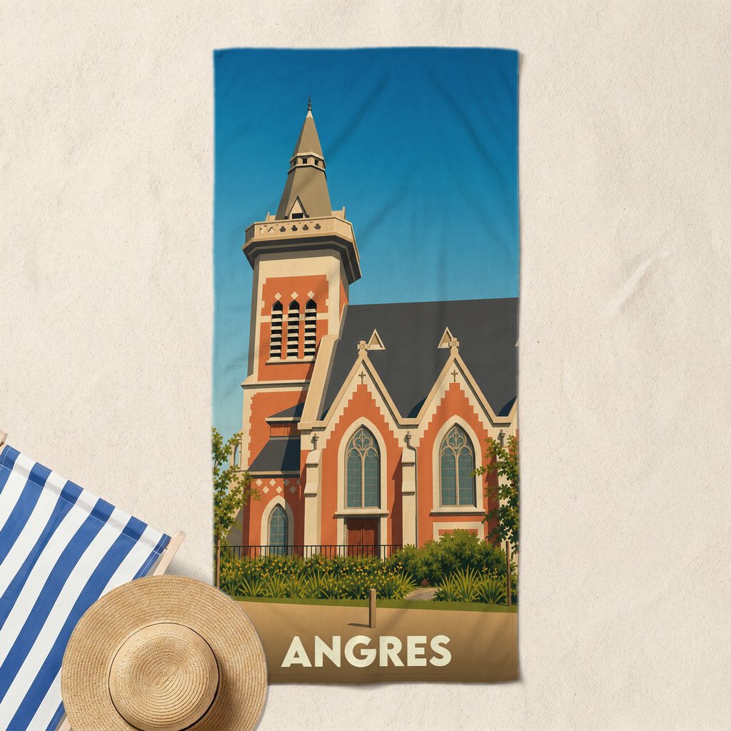 Serviette de plage souvenir de la ville d'Angres avec une illustration stylisée de son église.