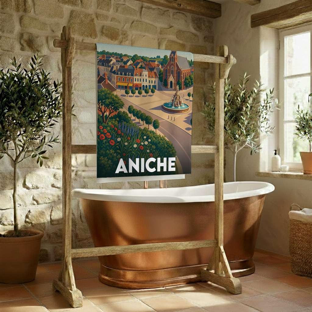 Serviette de bain souvenir de la ville de Aniche avec une illustration stylisée.