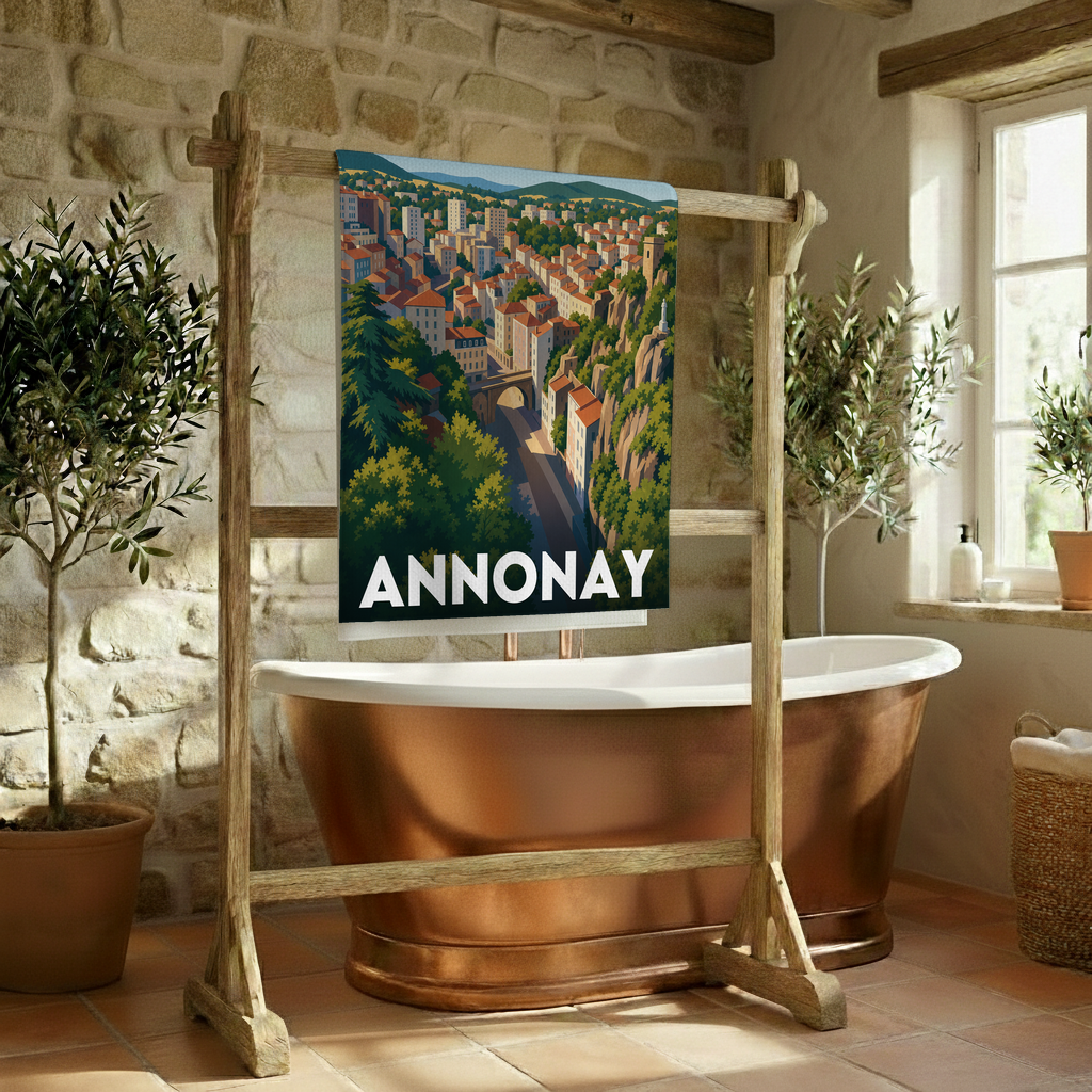 Serviette de bain souvenir de la ville d'Annonay avec une illustration stylisée.