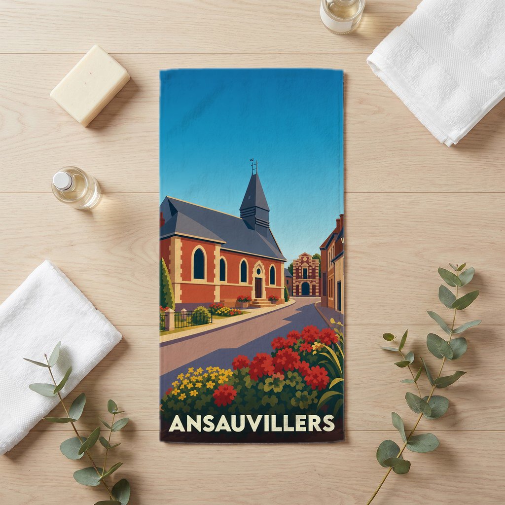 Serviette de bain souvenir de la ville d'Ansauvillers avec une illustration stylisée.