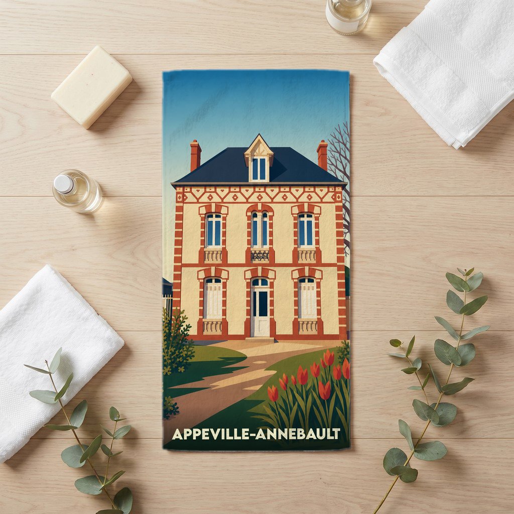 Serviette de bain souvenir de la ville d'Appeville-Annebault illustrée par une maison bourgeoise normande stylisée.
