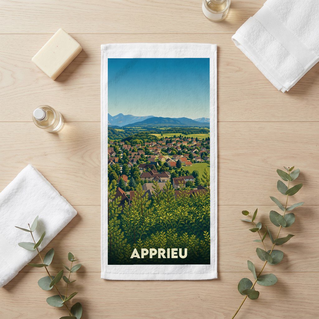 Serviette de bain souvenir de la ville d'Apprieu avec une illustration stylisée de son paysage.