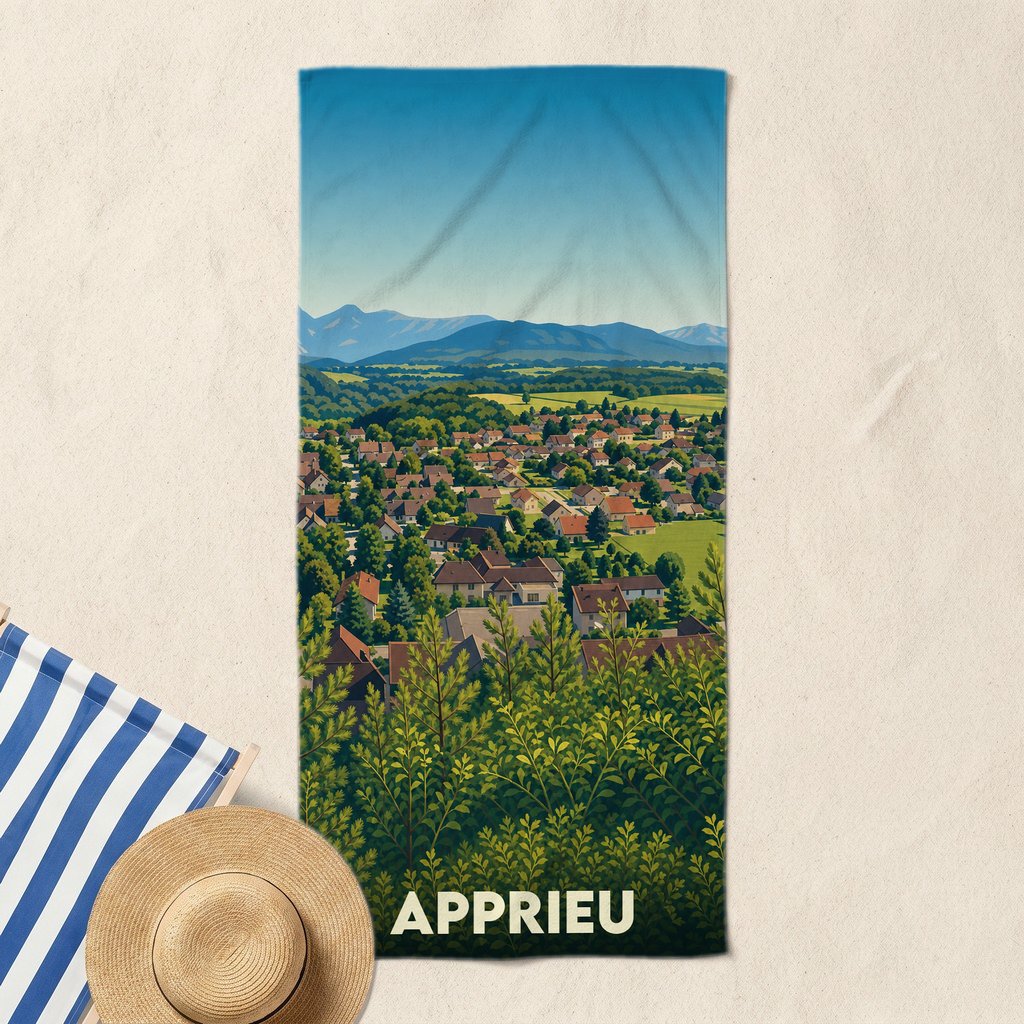 Serviette de bain souvenir de la ville d'Apprieu avec une illustration stylisée de son paysage vallonné.