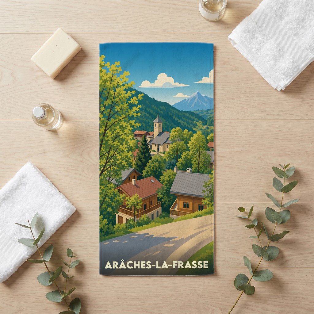 Serviette de bain souvenir de la ville d'Arâches-la-Frasse avec une illustration stylisée d'un village de montagne.