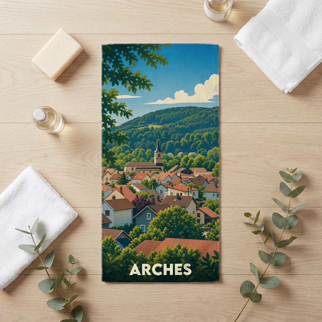 Serviette de bain souvenir de la ville de Arches avec une illustration stylisée d'un village de montagne.
