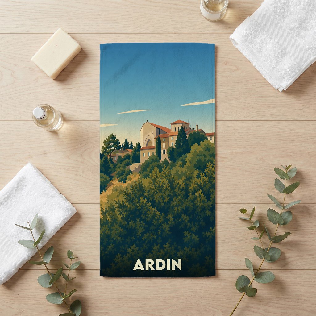 Serviette de bain souvenir de la ville d'Ardin illustrée d'un paysage collinaire stylisé.