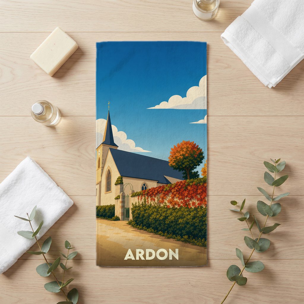 Serviette de bain souvenir de la ville d'Ardon avec une illustration stylisée d'une église et de paysages automnaux.