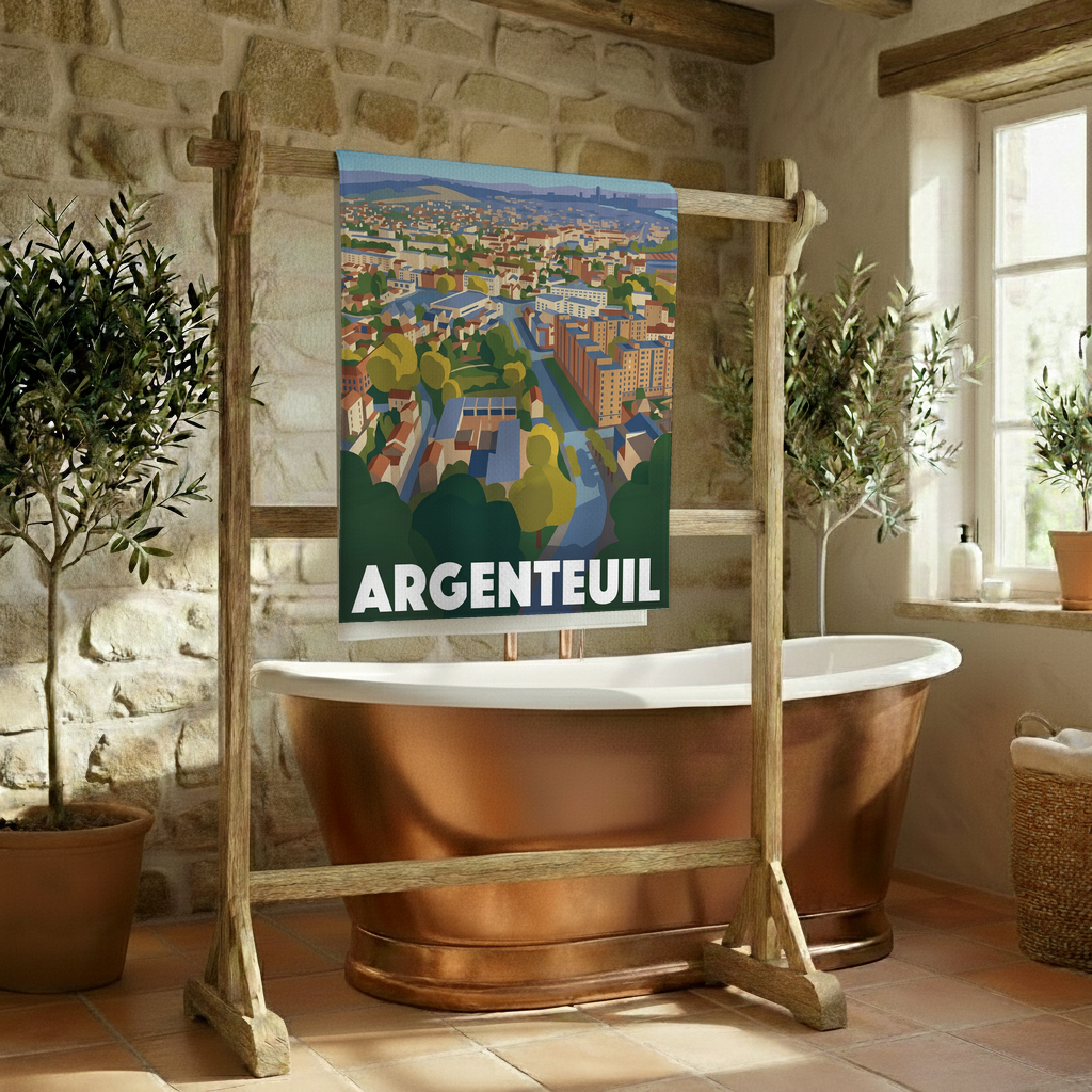 Serviette de bain souvenir de la ville d'Argenteuil avec une illustration stylisée.