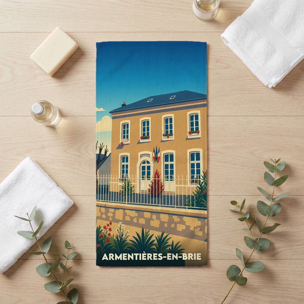 Serviette de bain souvenir de la ville d'Armentières-en-Brie avec une illustration stylisée.