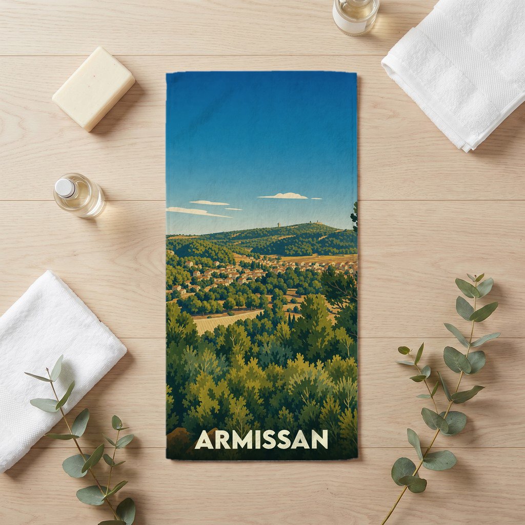 Serviette de bain souvenir de la ville de Armissan avec une illustration de paysage stylisée.