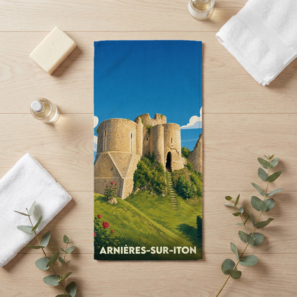 Serviette de bain souvenir de la ville de Arnières-sur-Iton illustrée d'un château médiéval.