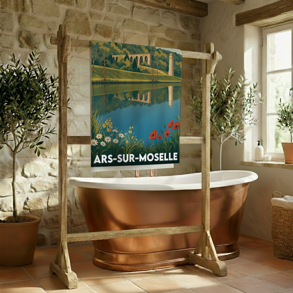 Serviette de bain souvenir de la ville d'Ars-sur-Moselle avec une illustration stylisée de son aqueduc et de la rivière.