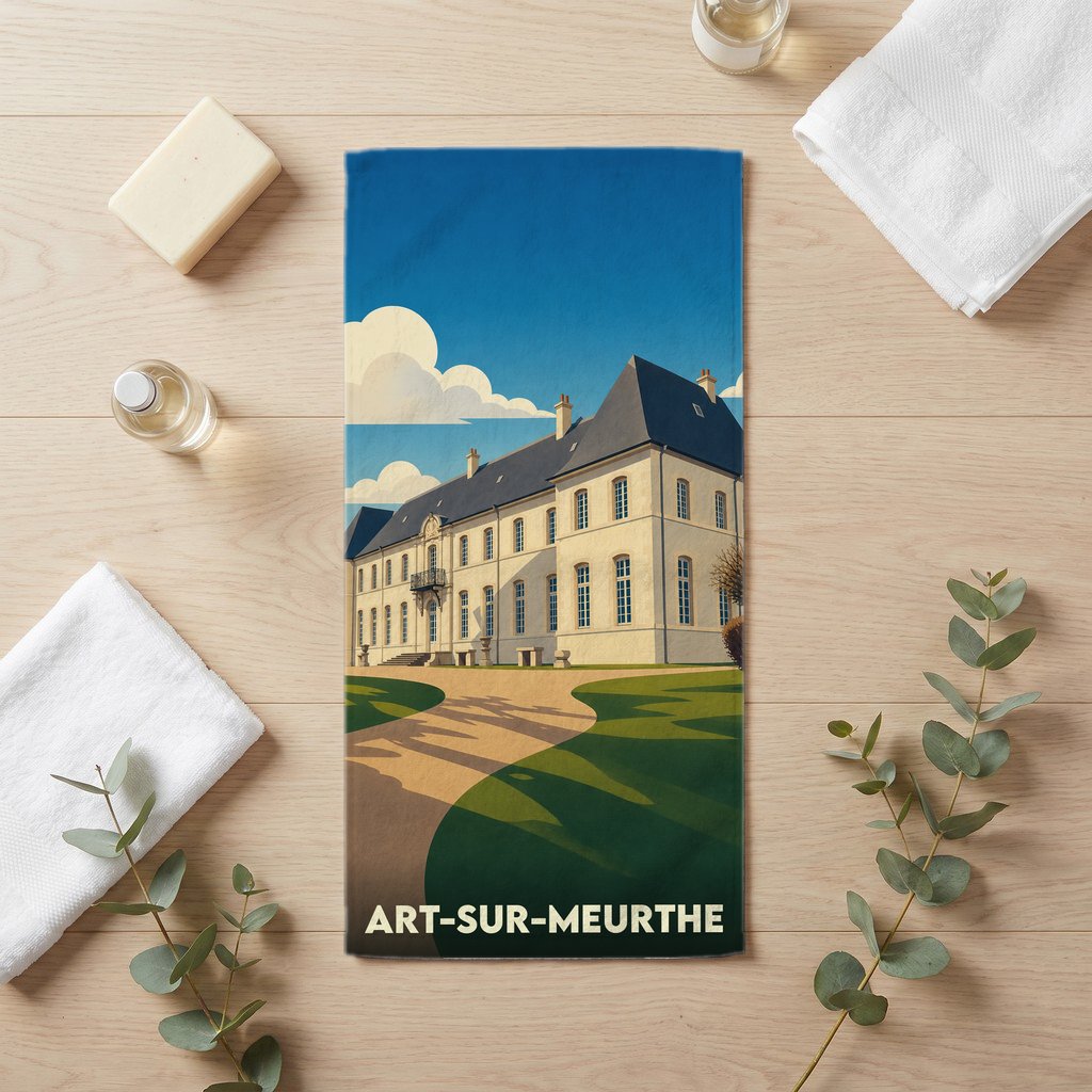 Serviette de bain souvenir de la ville d'Art-sur-Meurthe illustrée d'un château de style classique sous un ciel bleu.
