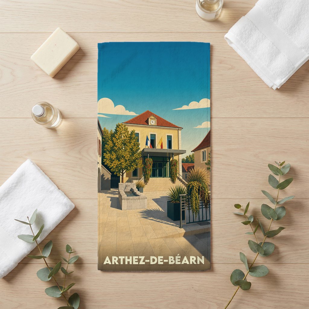 Serviette de bain souvenir de la ville d'Arthez-de-Béarn avec une illustration stylisée de sa mairie.